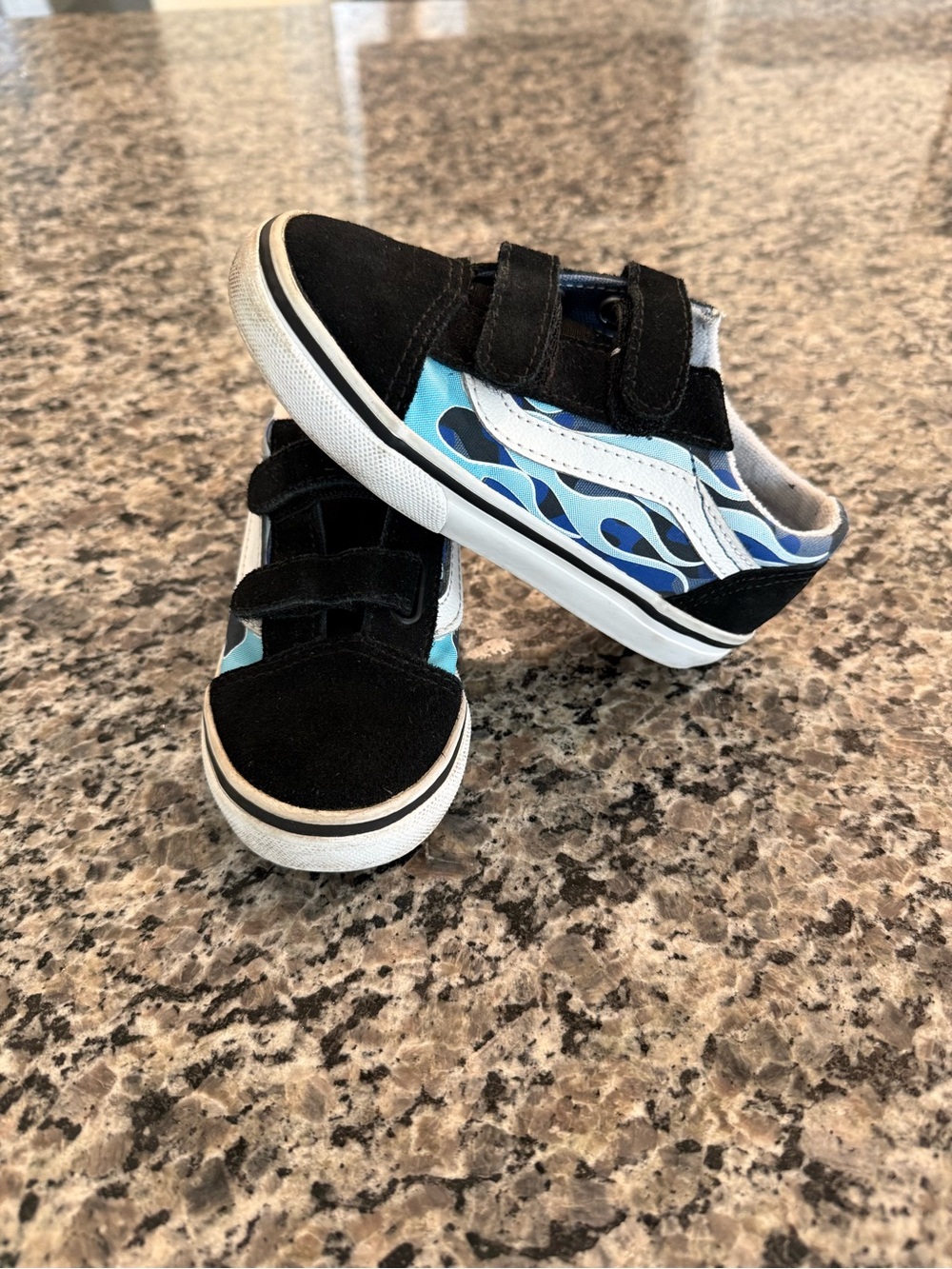 Vans Old Skool Black and Light Blue Flames Velcro Shoes Toddle 9C
